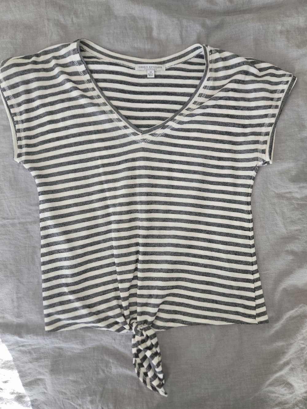 Green Envelope Black & White Striped Tie-Front V-Neck Crop Top